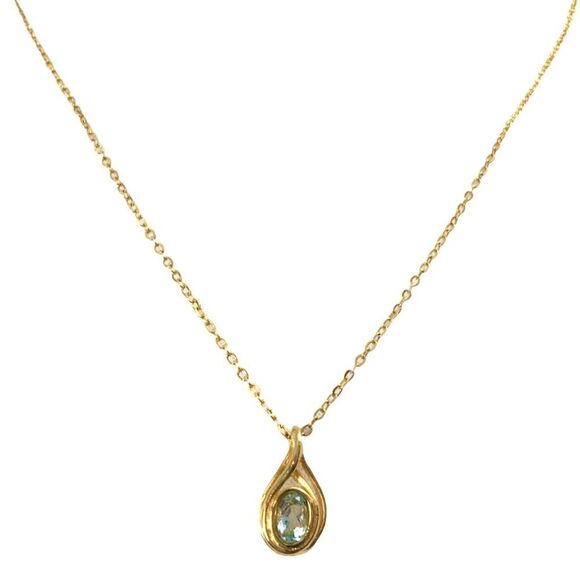 Gold Plated Faux Aquamarine Pendant 18in Trace Chain Necklace March Birthstone - Picture 1 of 13